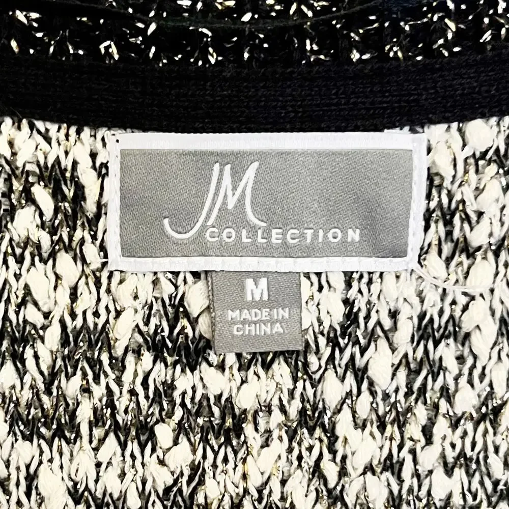 JM COLLECTION Black White Boucle Metallic Cardigan Sweater Size M